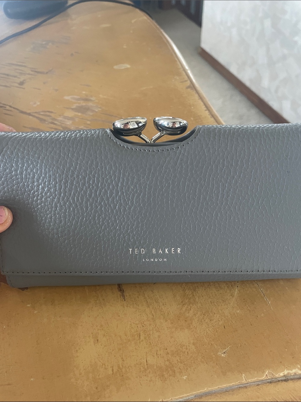 Ted Baker Gray Pebbled Leather Wallet with Silver Diamond top Kiss Closure